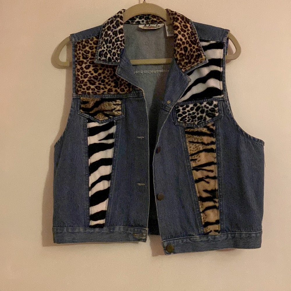 Vintage 90s Faux Fur Animal Print Denim Vest